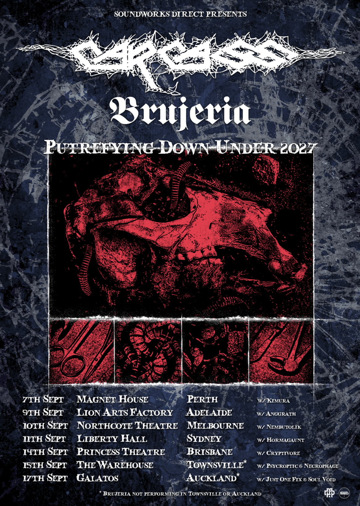 Tour poster for Carcass and Brujeria's Putrefying Down Under 2027 tour featuring a red skull graphic and Australian tour dates.